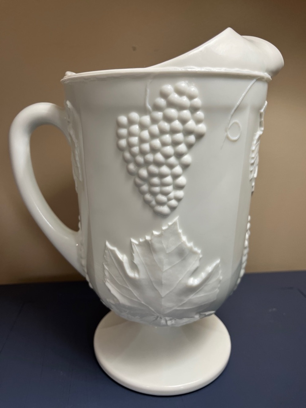 Indiana Glass milk glass pitcher in the Colony Harvest Grape pattern